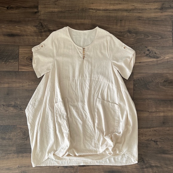 Ivory Cream Linen Pocket Short Sleeve Roll Up Button Dress Casual Comfy One Size - Picture 2 of 10